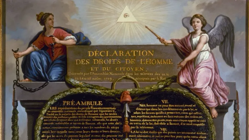 Tableau de la Déclaration des droits de l'homme et du citoyen de 1789 : deux figures allégoriques encadrent le titre, au-dessus des premiers articles